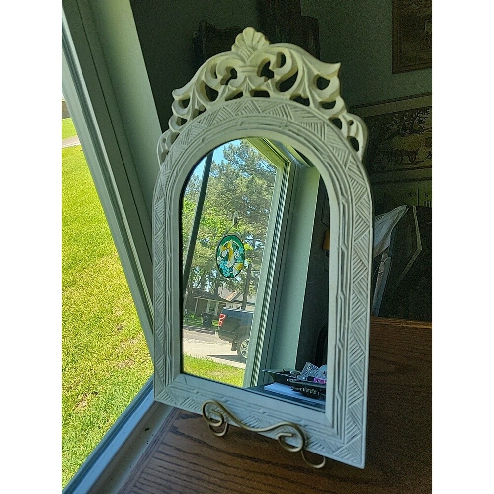 Carved Wood Vine ScrollWork Arched Wall Mirror Farmhouse Whitewash 20" x 12.5"